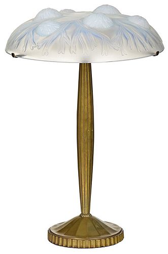 Brass Table Lamp with Lalique Style Glass Shade