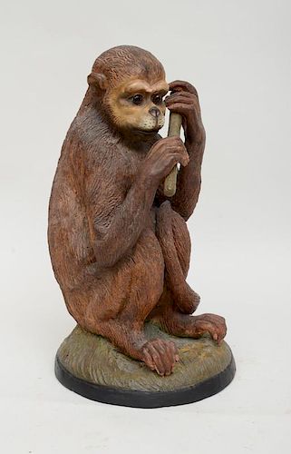 VICTORIAN PAINTED TERRACOTTA MODEL OF A SEATED MONKEY