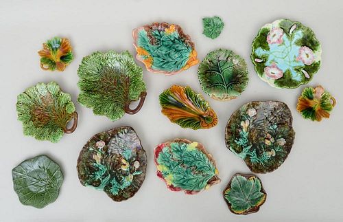 MISCELLANEOUS GROUP OF MAJOLICA LEAF-FORM PLATES