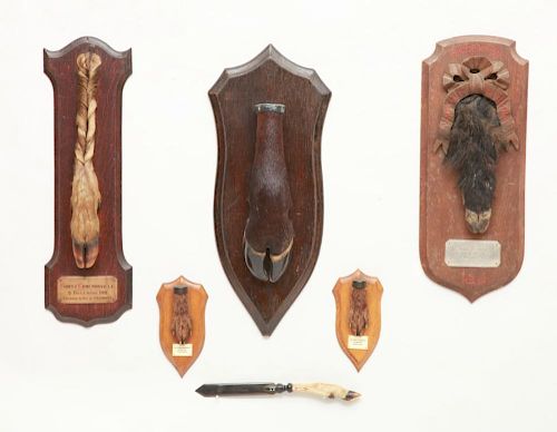MISCELLANEOUS GROUP OF FIVE ANIMAL HOOF AND PAW TROPHIES