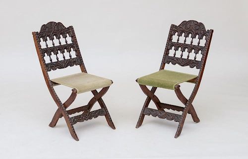 PAIR OF SCOTTISH CARVED OAK FOLDING CHAIRS