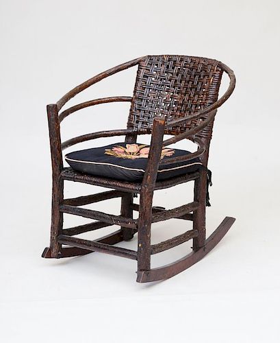 RUSTIC TWIG AND WOVEN REED ROCKING CHAIR