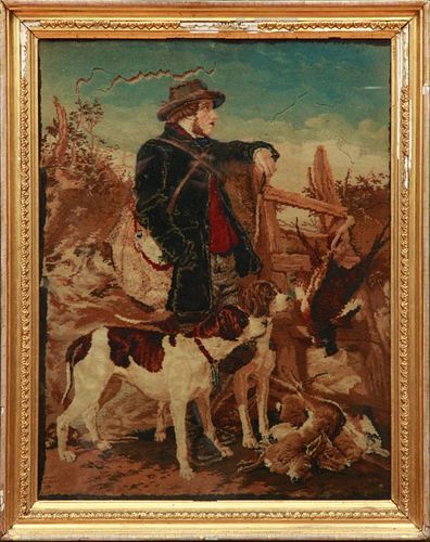 WOOL WALL HANGING OF A HUNTER AND HIS DOGS
