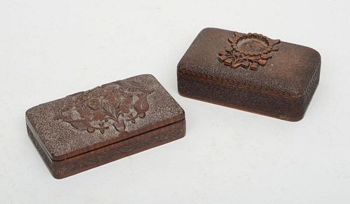 TWO EDWARDIAN CARVED MAHOGANY WORK BOXES