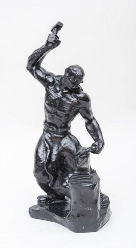 BLACK PAINTED COMPOSITION MODEL OF AN IRON MONGER, SIGNED J.B. GAUSE