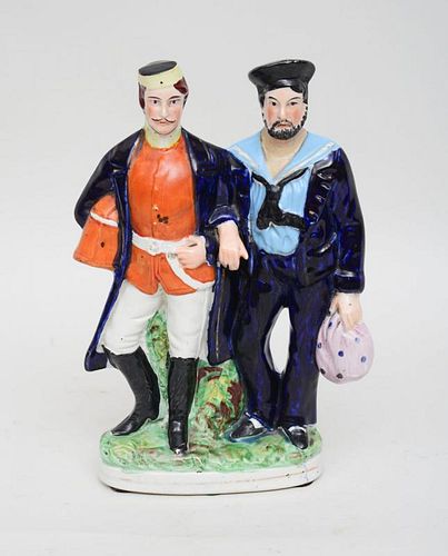 STAFFORDSHIRE POTTERY MODEL OF A SAILOR AND A HUSSAR
