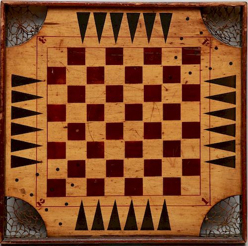 EARLY PAINTED CARROM GAME BOARD WITH POCKETS