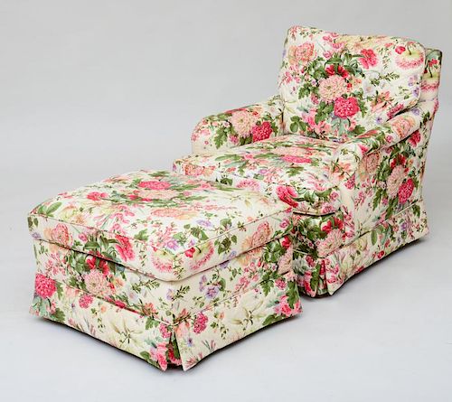 PAIR OF CHINTZ UPHOLSTERED CLUB CHAIRS WITH MATCHING OTTOMANS