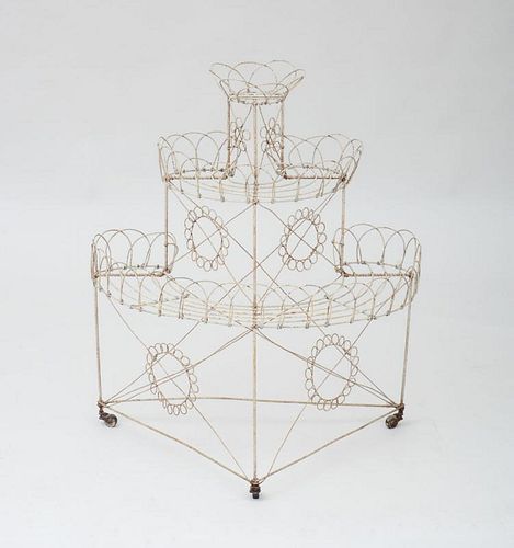 WHITE-PAINTED METAL THREE-TIERED PLANT STAND