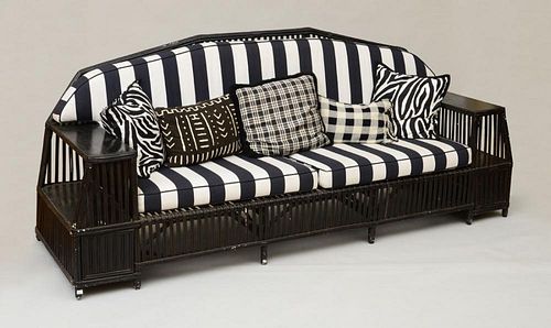 BLACK-PAINTED WICKER AND UPHOLSTERED SOFA