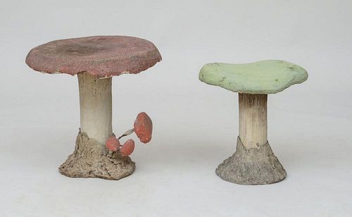 TWO PAINTED COMPOSITION TOAD STOOLS