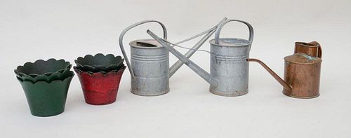 GROUP OF SIX PAINTED METAL AND CAST-IRON CACHE POTS