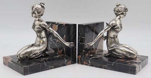 Pair of Art Deco Marble Bookends & Silvered Bronze