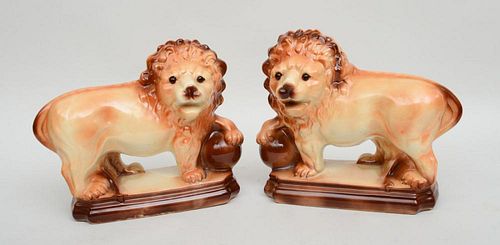 PAIR OF LARGE ENGLISH GLAZED POTTERY LION'S, INDISTINCTLY STAMPED HANLEY, ENGLAND
