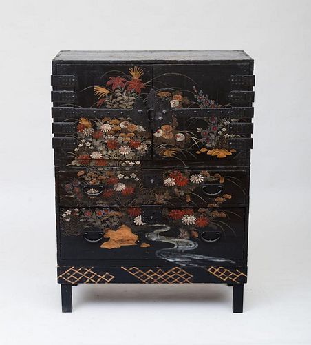 JAPANESE METAL-MOUNTED PAINTED CABINET ON STAND