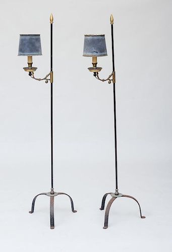 PAIR OF MEDIEVAL STYLE METAL AND WROUGHT-IRON FLOOR LAMPS