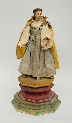 NEOPOLITAN ITALIAN PAINTED WOOD AND FABRIC CRECHE FIGURE OF A WOMAN IN A CAPE