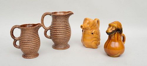 TWO GOVANCROFT BROWN-GLAZED ROPE DECORATED PITCHERS