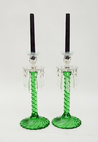 PAIR OF LARGE ENGLISH GREEN AND CLEAR GLASS CANDLESTICKS