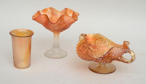 TWO IRREDESCENT AMBER FOOTED CANDY DISHES