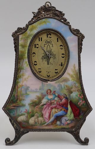 SILVER. Continental Silver Mounted Enamel Clock.
