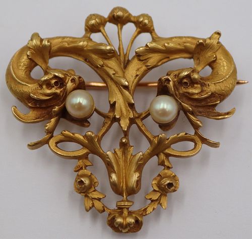 JEWELRY. Continental 18kt Gold and Pearl Brooch.
