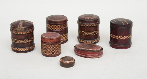GROUP OF SEVEN AFRICAN WOVEN REED AND LEATHER BOXES, SIERRA LEONE