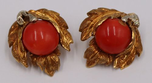 JEWELRY. Pair of 18kt Gold, Coral, and Diamond Ear