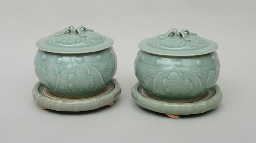 PAIR OF CHINESE CELADON COVERED JARS WITH STANDS, 20TH CENTURY