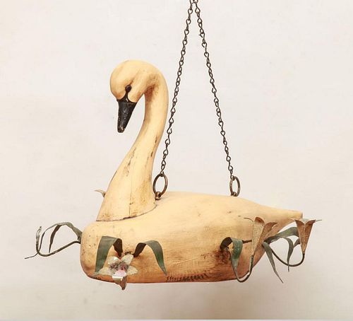 FRENCH SWAN-FORM PAINTED WOOD AND TÔLE PEINTE SIX-LIGHT CHANDELIER
