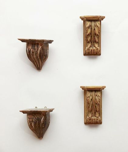 TWO PAIRS OF SMALL PAINTED AND CARVED BRACKETS