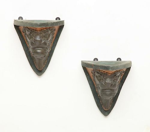 PAIR OF VICTORIAN GILT AND PATINATED METAL AND VELEVT BRACKETS