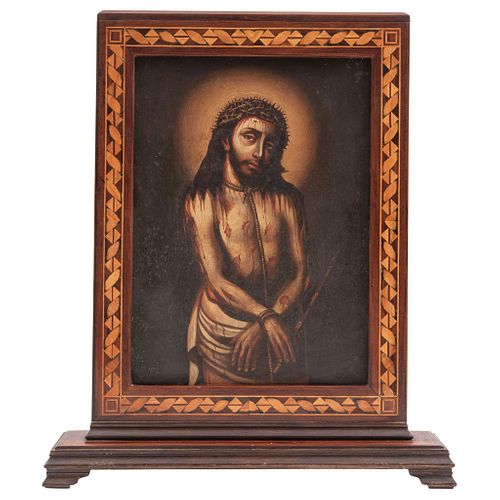 ECCE HOMO , CENTURY XVIII Oil on sheet, double view Marquetry frame Conservation details 13.7 x 10" (35 x 25.5 cm)