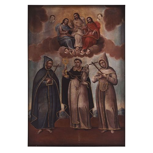 SANTÍSIMA TRINIDAD CON SAN JACINTO DE CRACOVIA Y SANTOS FRANCISCANOS MEXICO, 18TH CENTURY Oil on canvas 60.2 x 41.3" (153 x 105 cm)