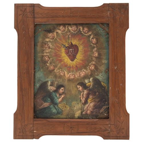 ANONYMOUS, INMACULADO CORAZÓN DE MARÍA, MEXICO, EARLY 20TH CENTURY, Oil on copper sheet, 8.6 x 6.6" (22 x 17 cm), Wooden frame