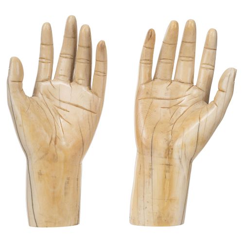 PAIR OF HANDS, HISPANIC-CHINESE, 18TH CENTURY, Carved in ivory 5.1" (13 cm) in length each