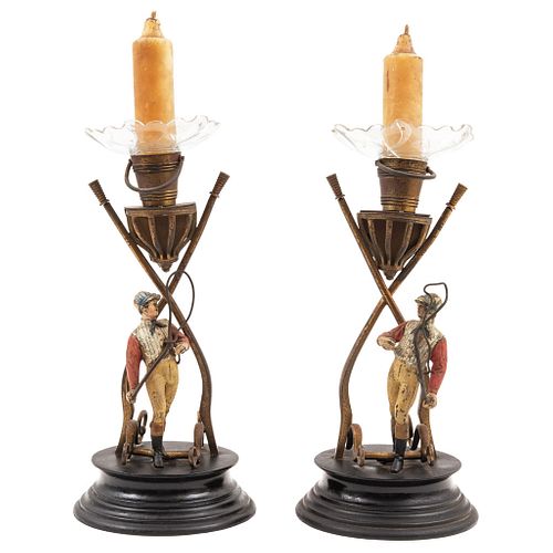 PAIR OF LAMPS EARLY 20TH CENTURY Made in wood For one light Shaft in manner of jockey 14.1" (36 cm)