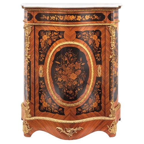 CABINET FRANCE, EARLY 20TH CENTURY Carved wood and marquetry With bronze applications and marble top 41.7 x 36.2 x 18.5" (106 x 92 x 47 cm)