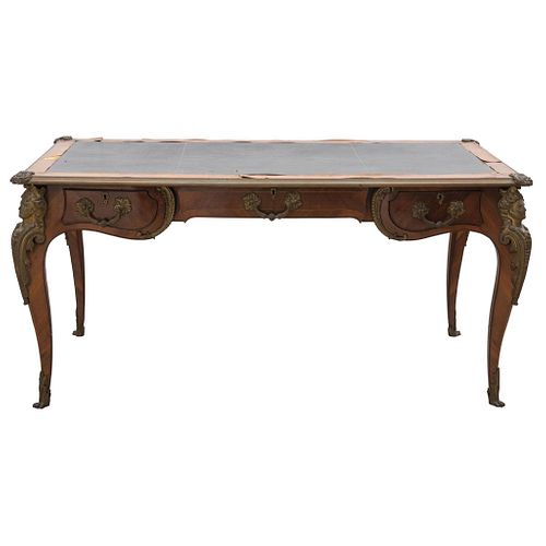 DESK FRANCE, EARLY 20TH CENTURY Veneered wood with leather cover and gold metal applications 29.1 x 60.6 x 31.4" (74 x 154 x 80 cm)