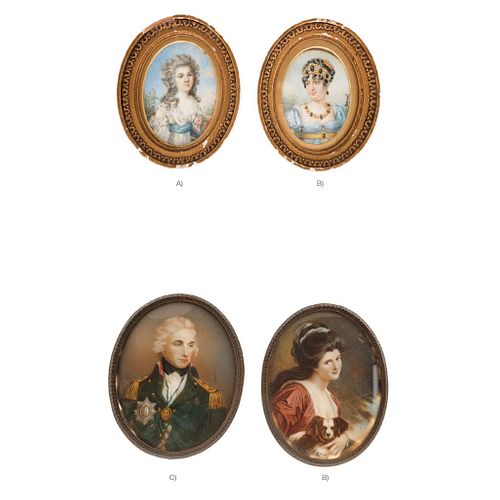 LOT OF 4 MINIATURES 19TH CENTURY PORTRAITS OF LADY AND GENTLEMAN Gouache on ivory sheets Three signed 3" (8 cm)