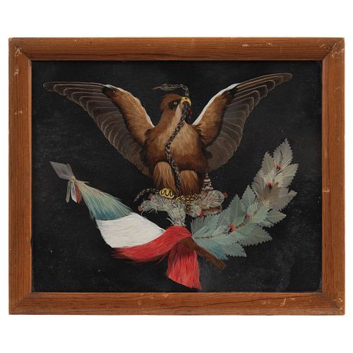 REPUBLICAN EAGLE, MEXICO, 20TH CENTURY, Featherwork, Conservation details 7.4 x 9.4" (19 x 24 cm)