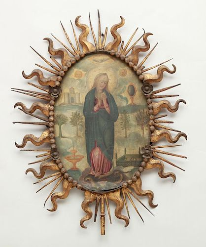 FRENCH TOLE PEINTE AND GILT-METAL PLAQUE OF THE VIRGIN MARY