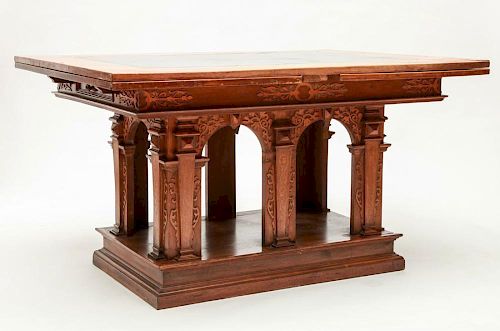 ITALIAN BAROQUE STYLE WALNUT AND FRUITWOOD MARQUETRY REFECTORY TABLE