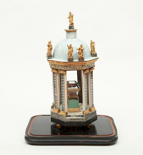 ITALIAN PAINTED AND PARCL-GILT WOOD AND PAPER RELIQUARY