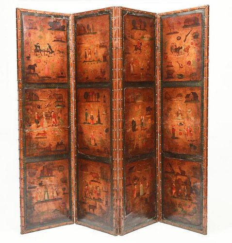 CONTINENTAL PAINTED LEATHER FOUR-PANEL SCREEN