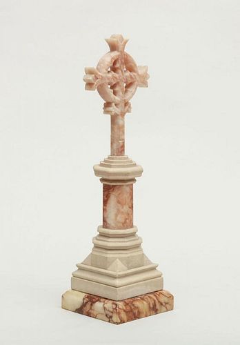 IBERIAN STYLE ALABASTER AND CAST STONE CROSS ON PEDESTAL