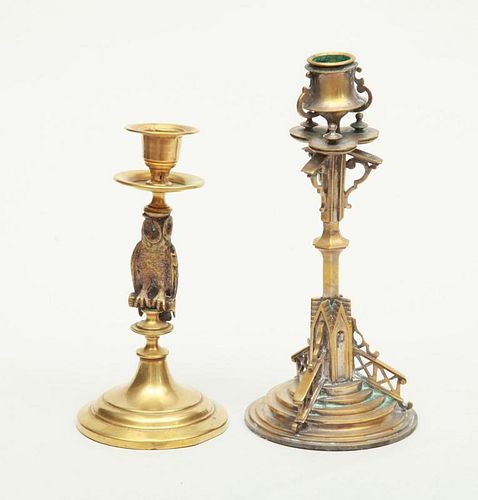 FRENCH GOTHIC REVIVAL BRASS CANDLESTICK AND ANOTHER STICK WITH OWL STEM