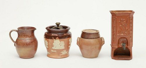 DOULTON TYPE POTTERY TEA CADDY WITH BRASS-MOUNTED LID