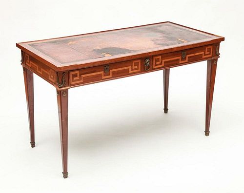 GERMAN NEOCLASSICAL STYLE BRONZE-MOUNTED MAHOGANY AND FRUITWOOD PARQUETRY DESK