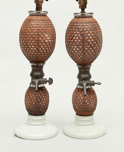 TWO SIMILAR FRENCH CANE-WRAPPED DOUBLE GOURD GLASS SYPHONS, MOUNTED AS LAMPS